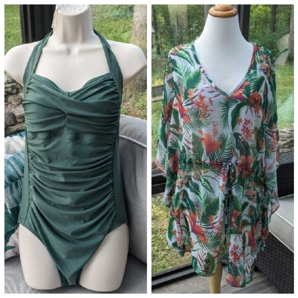 Smismivo Tummy Control Swimwear Halter‎ One Piece + Cover Up Size M